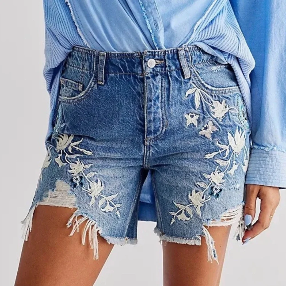 Free People You're My Butterfly Embroidered  Floral Cutoff Denim Shorts